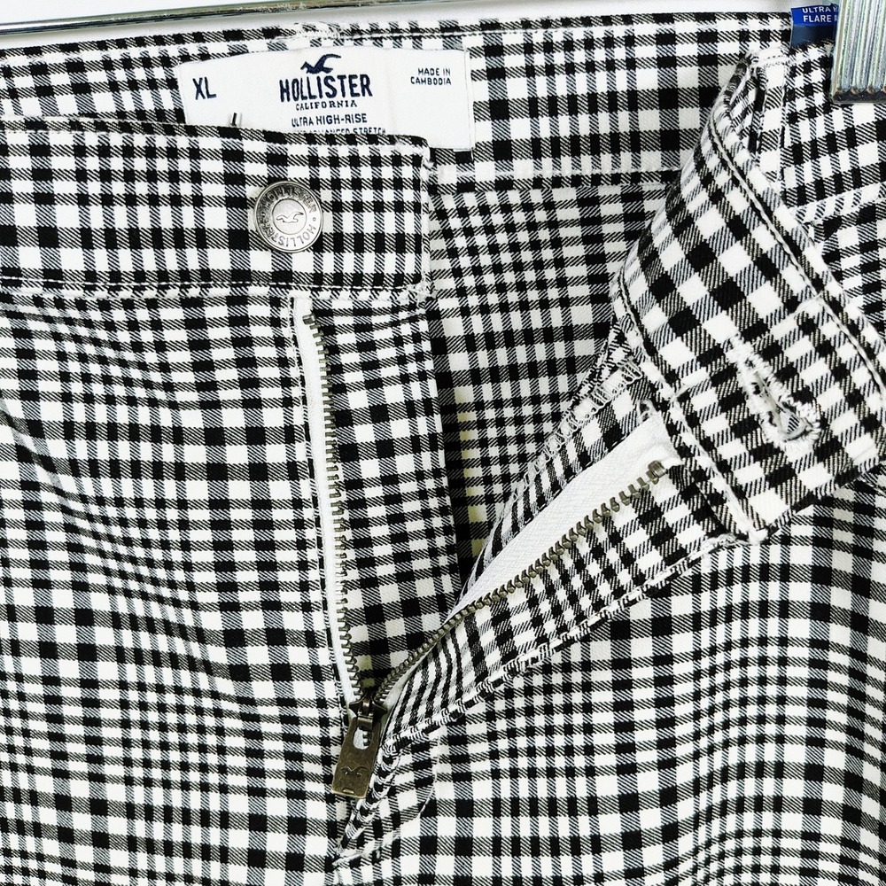 Hollister Ultra High-Rise Flare Pants Black White Plaid Advanced Stretch XL NWT